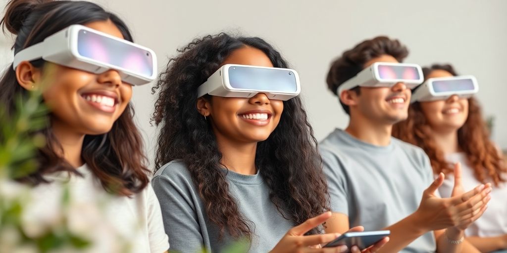 Teens using augmented reality glasses in a calm setting.
