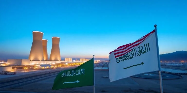 Nuclear facility with U.S. and Saudi Arabia flags in foreground.