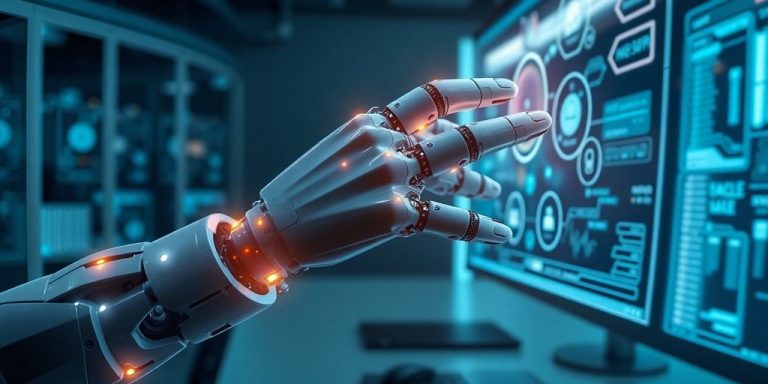 Futuristic robotic hand interacting with digital interfaces.