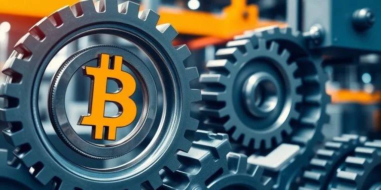 Gears and blockchain symbol in a modern factory setting.