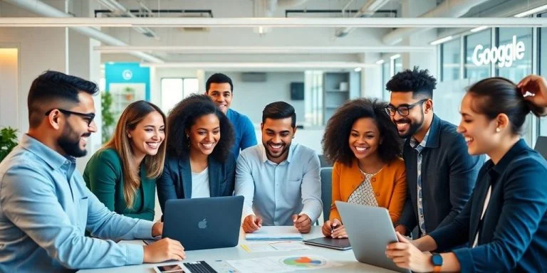 Diverse team collaborating in a Google office environment.