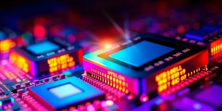 Close-up of AI chips with advanced photonics technology.