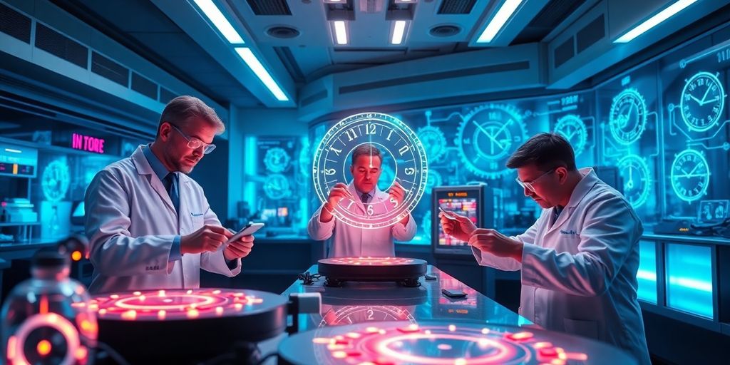 Scientists in a lab with glowing time manipulation devices.