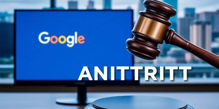Gavel and computer with Google logo in courtroom setting.