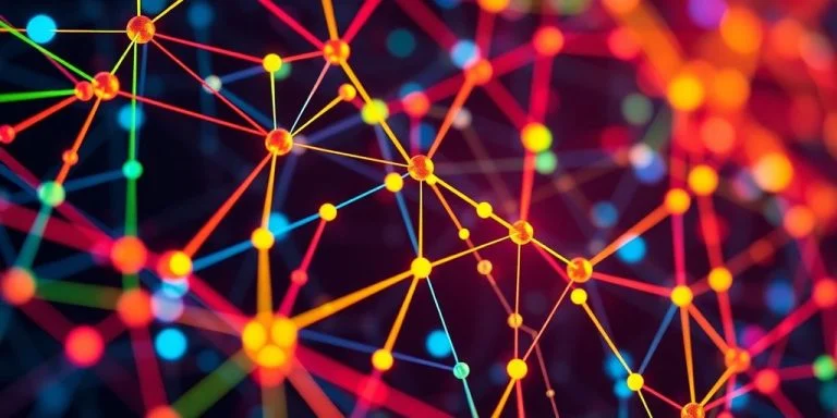 Close-up of a digital blockchain network with nodes.