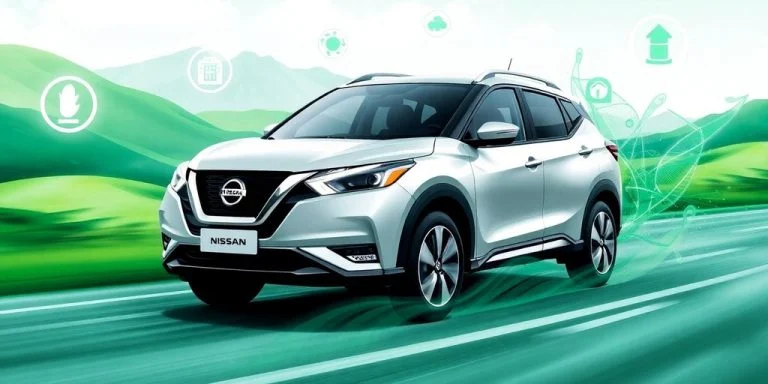Nissan hybrid vehicle driving through a green landscape.