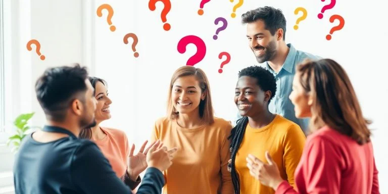 People discussing questions in a bright, engaging environment.