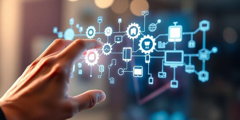 Hand using a touchscreen with digital technology icons.