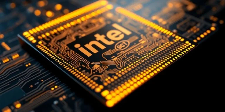 Futuristic microchip with glowing edges on dark background.