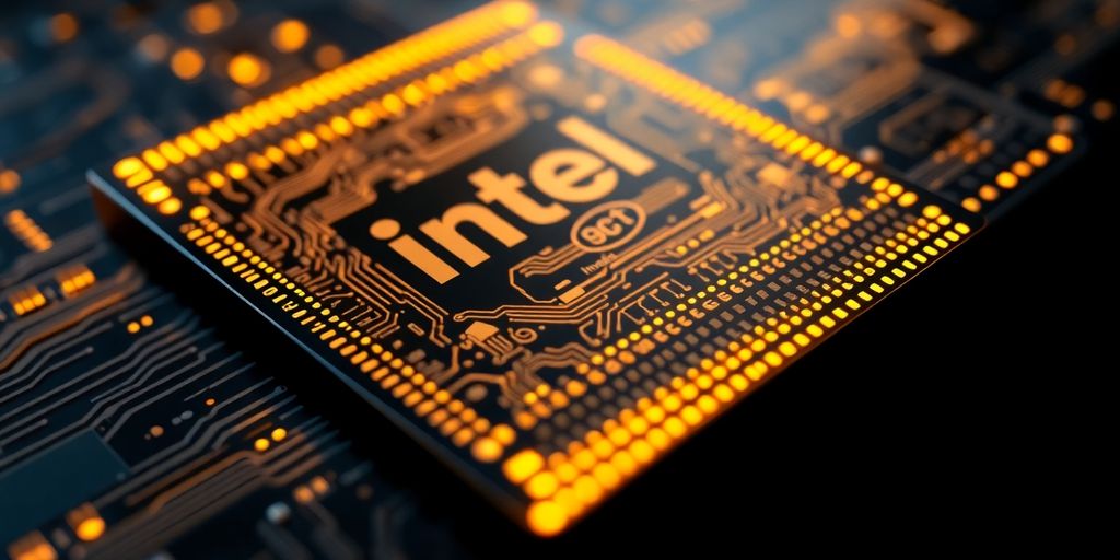 Futuristic microchip with glowing edges on dark background.