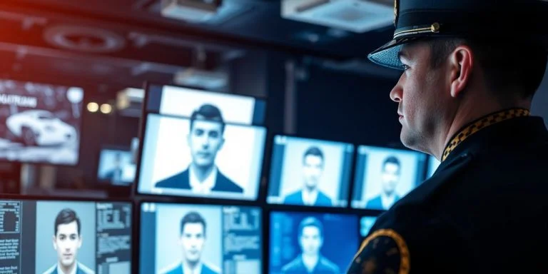 Police officer using advanced facial recognition technology in control room.