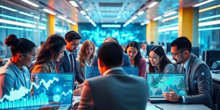 Diverse professionals collaborating in a futuristic financial office.