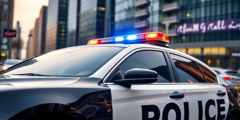 Police car with tracking technology in urban setting.