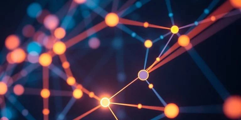 Close-up of glowing interconnected blockchain nodes in dark.