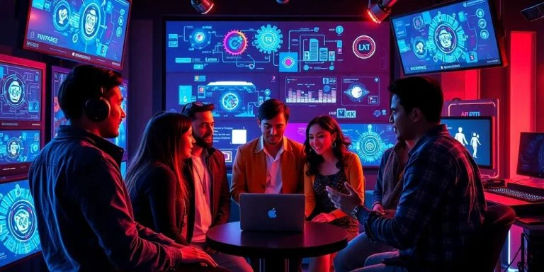 Diverse tech team working on AI entertainment innovations.