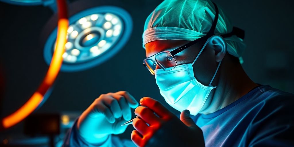 Surgeon performing lung cancer surgery with glowing technology.