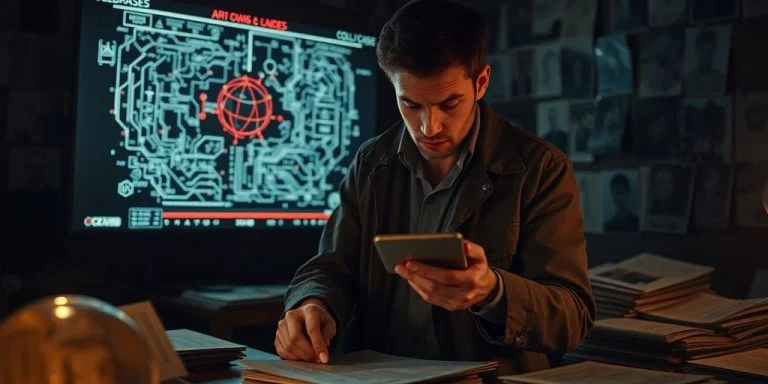 Detective analyzing evidence in a dark, suspenseful environment.
