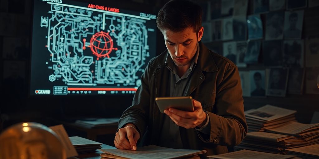 Detective analyzing evidence in a dark, suspenseful environment.