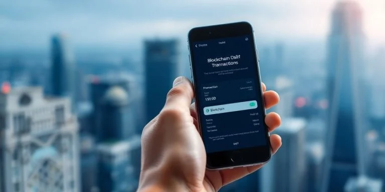 Person holding smartphone showing blockchain transaction interface.