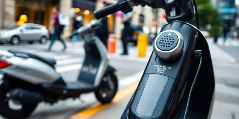 Scooter with sidewalk detection sensor on urban street.
