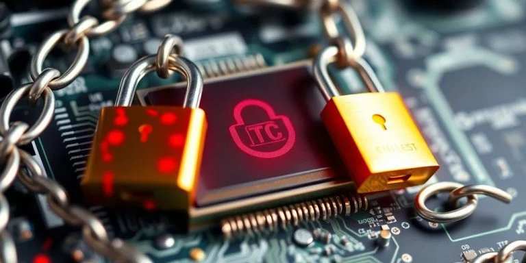 Close-up of CPU with digital locks and chains overlay.