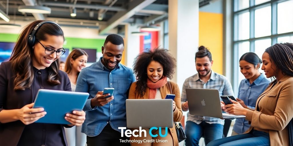Modern banking with technology and diverse individuals using devices.