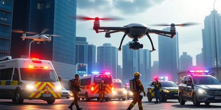 High-tech emergency response scene with drones and responders.