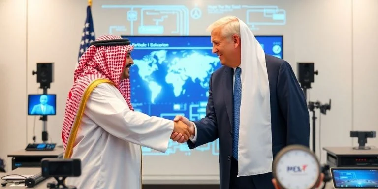 US and UAE leaders shake hands over technology partnership.