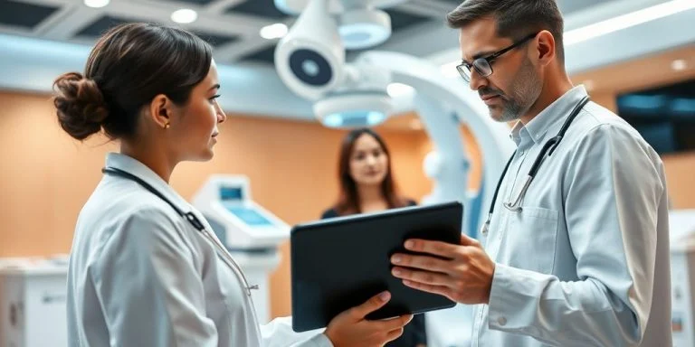 Doctor using tablet in a modern healthcare environment.