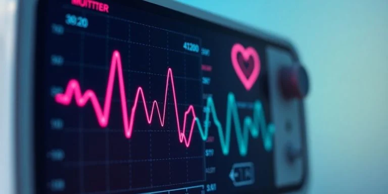 Futuristic heart monitor with vibrant heartbeat patterns.