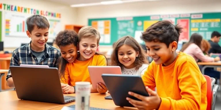 Students using laptops and tablets in a modern classroom.