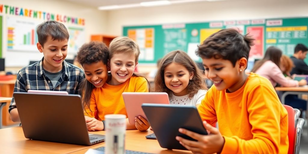 Students using laptops and tablets in a modern classroom.