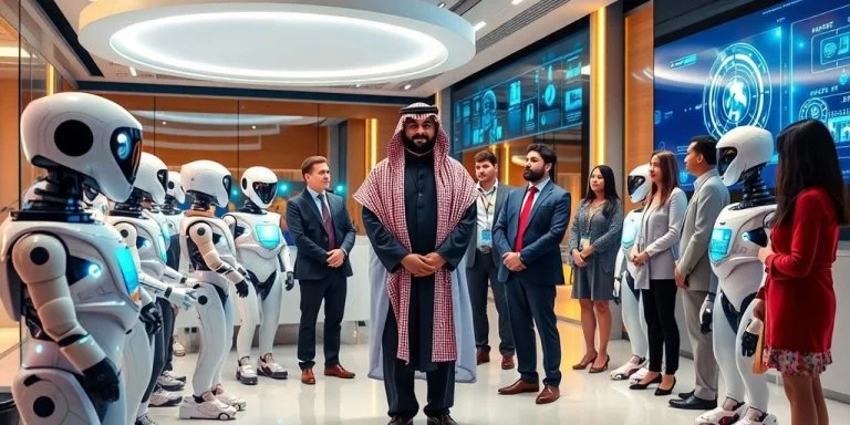 Saudi Crown Prince with team in advanced AI technology office.