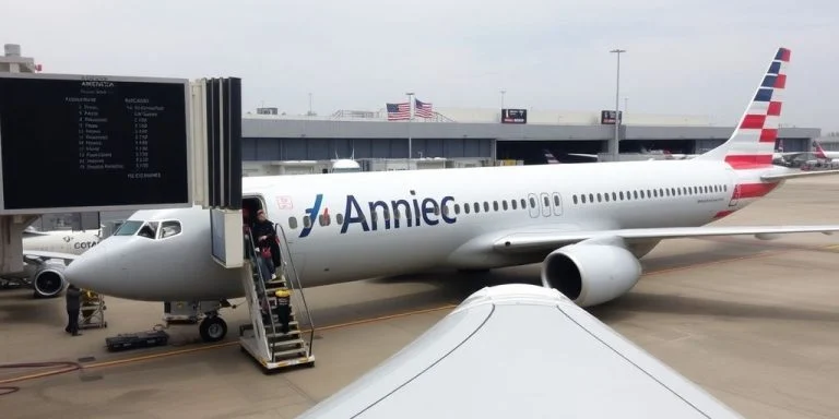 An American Airlines plane with passengers boarding at airport.