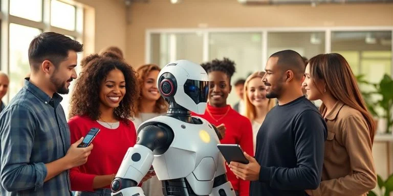 People engaging with friendly AI robots in a lively setting.