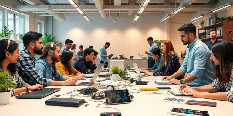 Entrepreneurs collaborating in a lively technology incubator workspace.