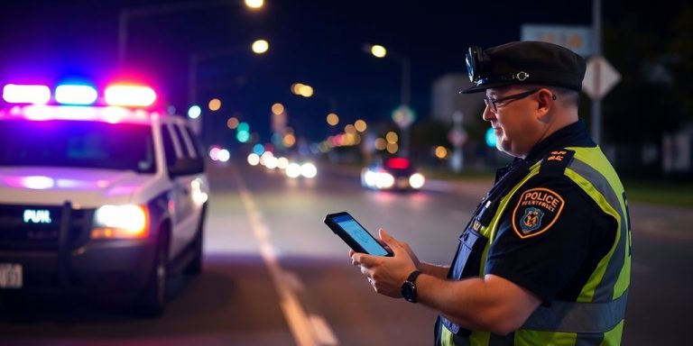 Police officer conducting a DUI checkpoint with technology.