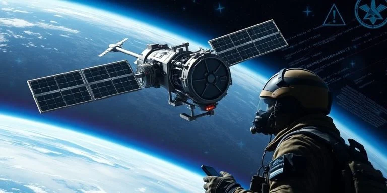 Satellite and soldier connect with advanced military communications.