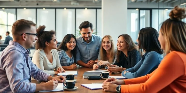 Group of people discussing ideas over coffee and notebooks.