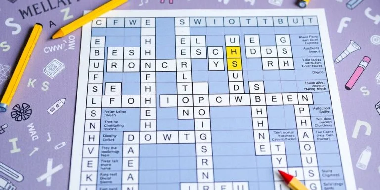 Completed crossword puzzle with colorful letters and clues.