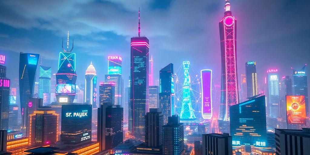 Futuristic city skyline with neon lights and technology.