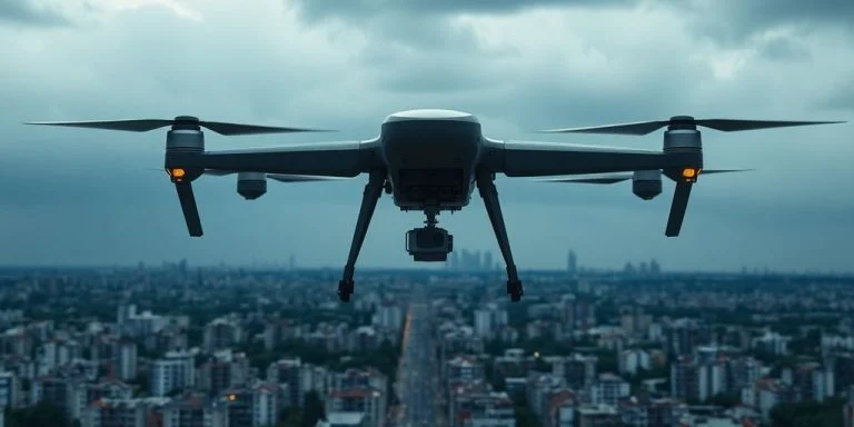 Military drone with digital elements in a stormy sky.