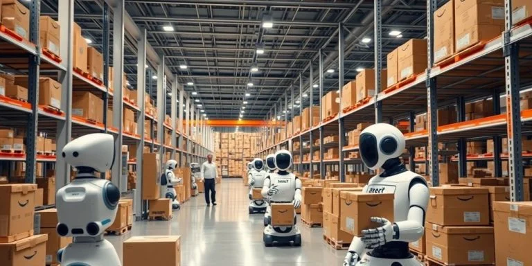 Futuristic warehouse robots working alongside human employees.
