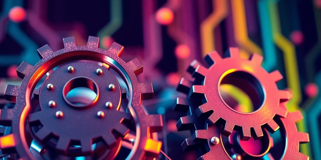 Close-up of gears and circuits illustrating blockchain technology.