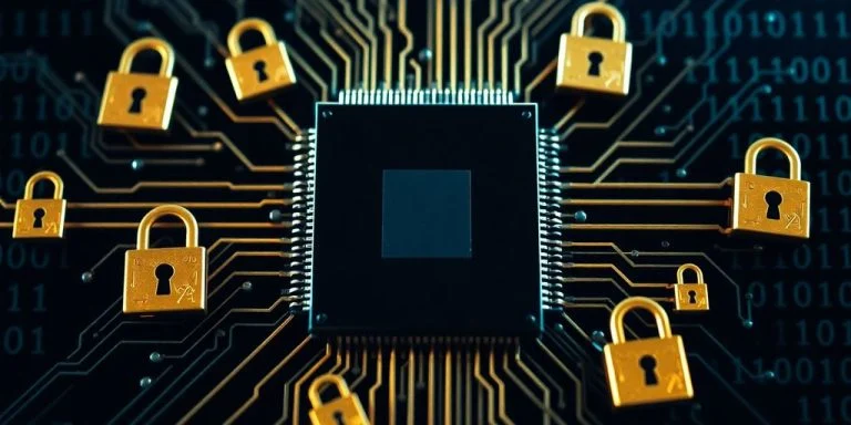 CPU chip with locks and binary code background.
