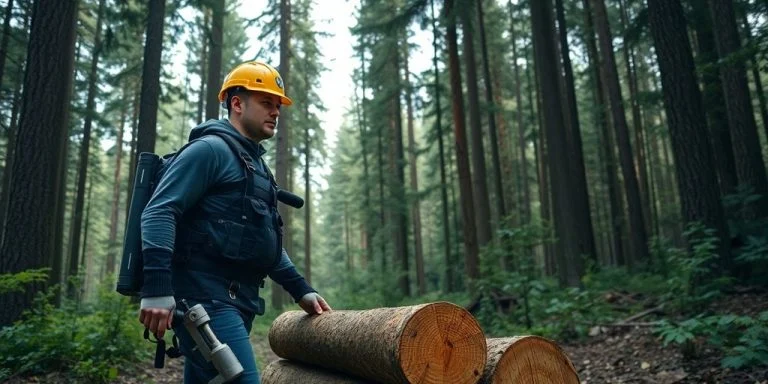 Forestry worker in exoskeleton lifting logs in forest.