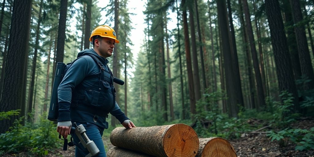 Forestry worker in exoskeleton lifting logs in forest.