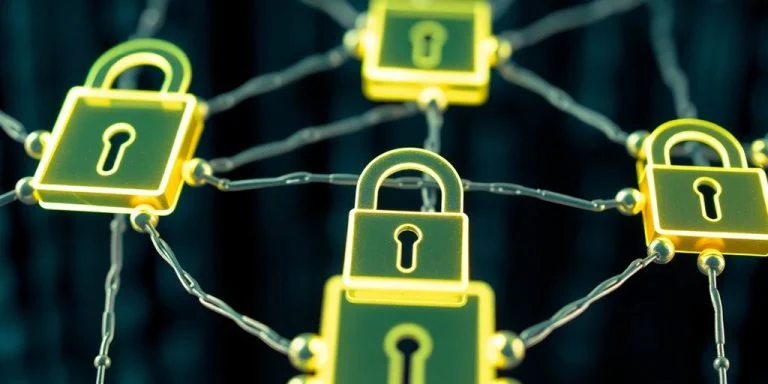 Photograph of interconnected blockchain nodes and digital locks.