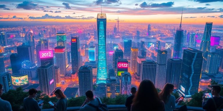 Futuristic cityscape with digital screens and people interacting.