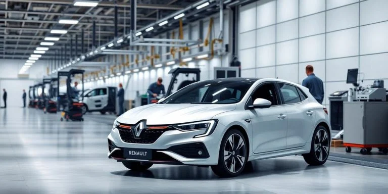 Renault car and engineers in a modern assembly line.